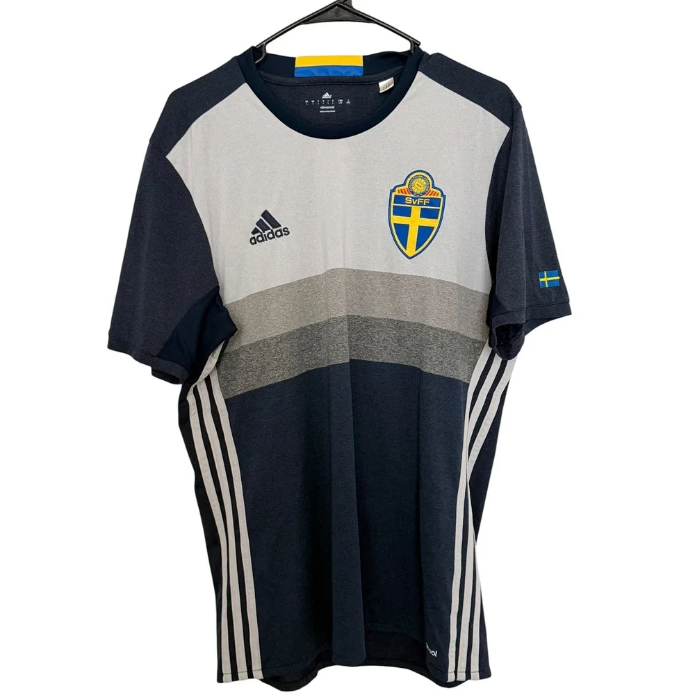 Adidas Sweden SvFF Soccer Training Shirt Mens Large Navy Blue Grey Climacool Tee